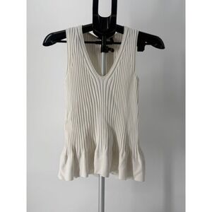 Theory Ribbed Knit Sleeveless Peplum Top Ivory V-Neck Minimal Quiet‎ Luxury XS